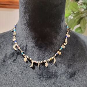 Womens Gold Rainbow Heart Gems Moon Night Pendant Necklace